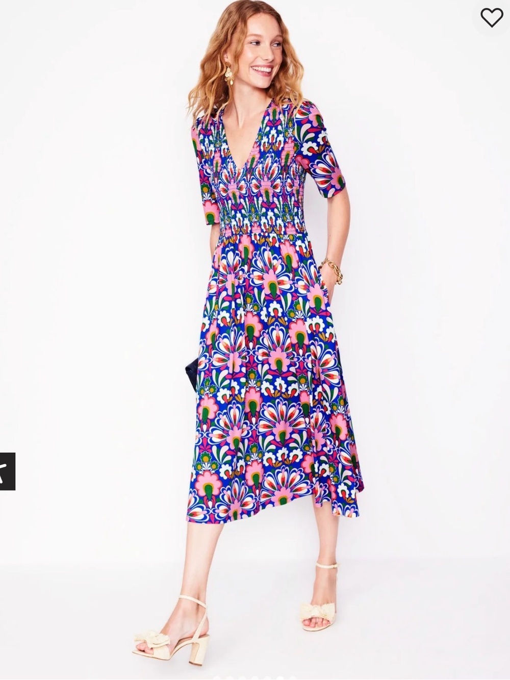 Boden V-Neck Floral Midi Dress in Blue and Pink